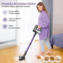 Load image into Gallery viewer, YOMATECH Cordless Vacuum Cleaner, 30Kpa/350W Powerful Stick Vacuum, Up to 50 Mins Runtime Rechargeable Battery, 6 in 1 Lightweight Vacuum Cleaners for Home Hardfloor Carpet Pet Hair Purple
